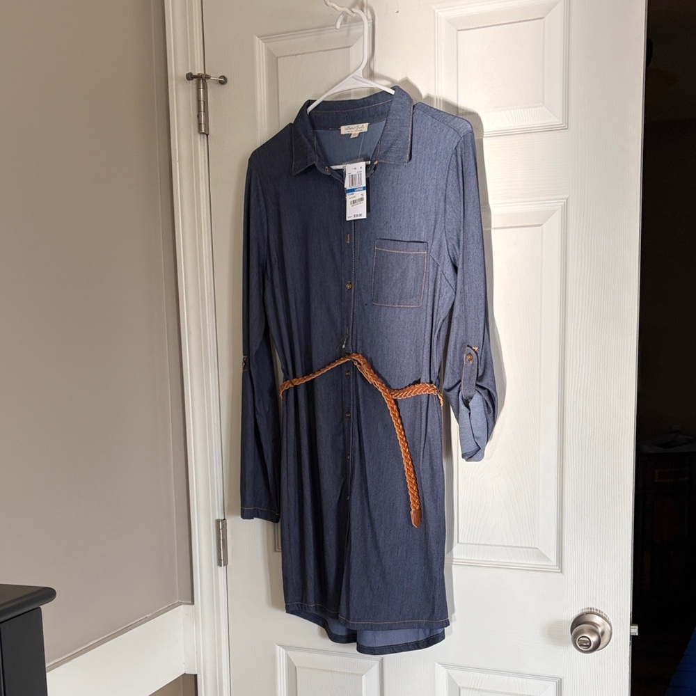 Ultra Flirt Denim Shirt Dress with Tan Accents